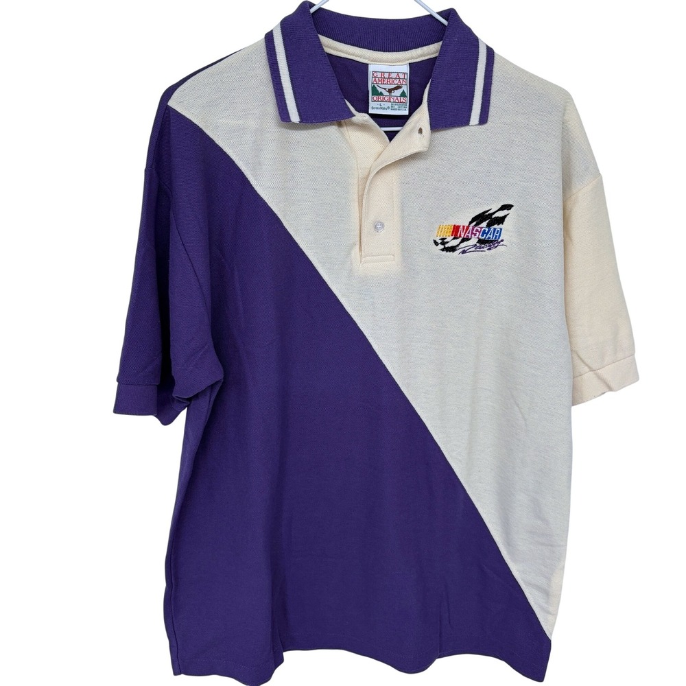 Vintage Colorblock NASCAR Polo‎ Large Purple & Cream Racing 90s Made in USA Mens